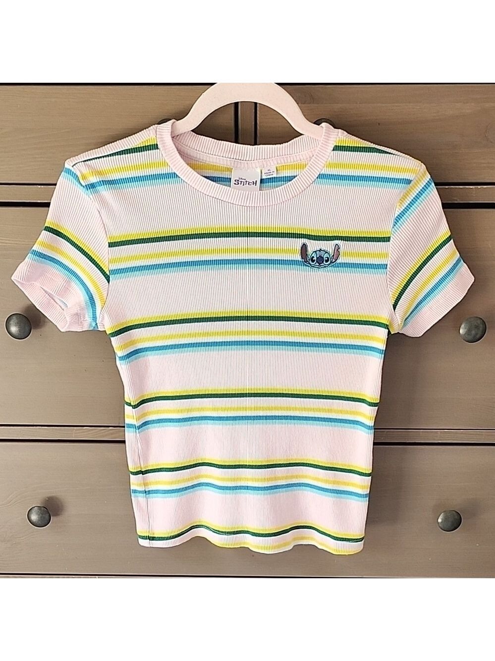 Disney Pink, With Stripe  Short Sleeve Tee with Embroidered Stitch
